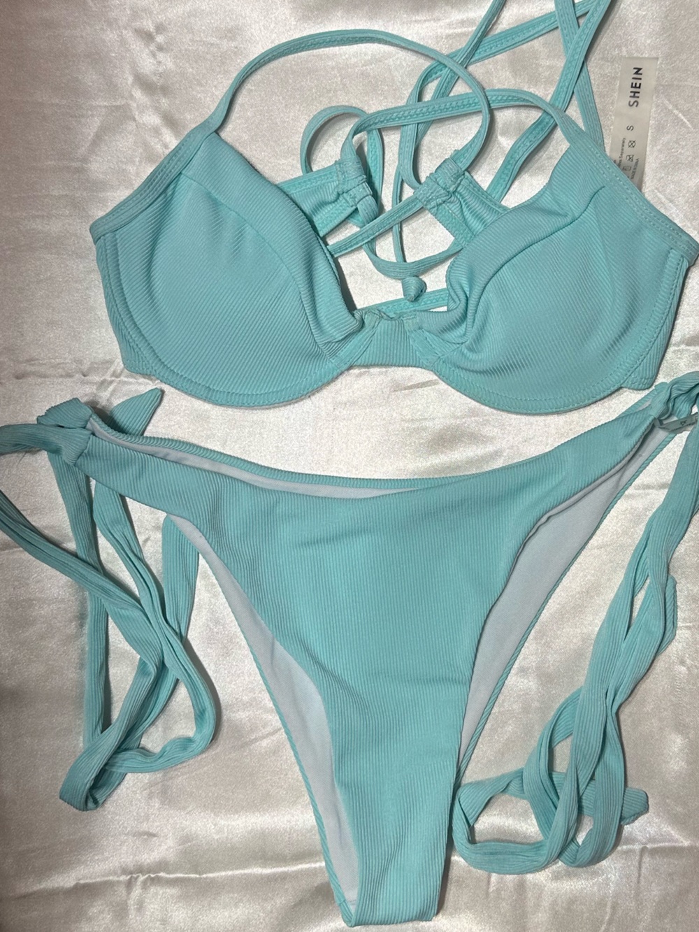 SHEIN Tiffany Blue Strappy Ribbed Bikini Set